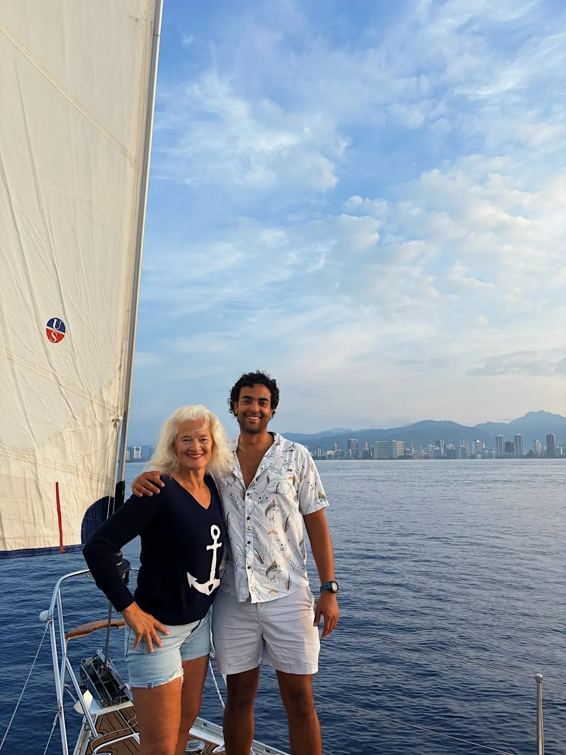 Owner and son on bow