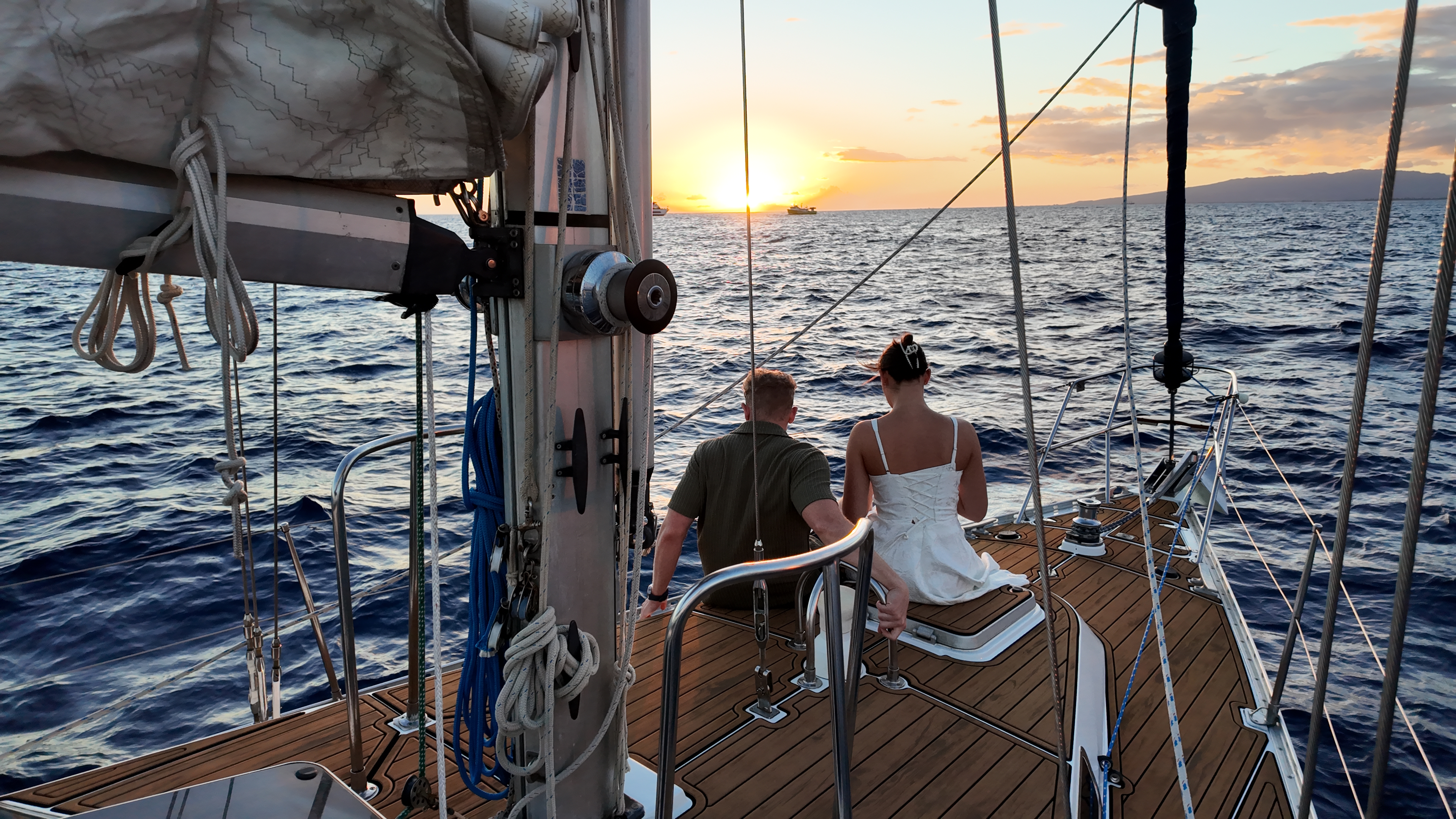 Bride and groom on deck
